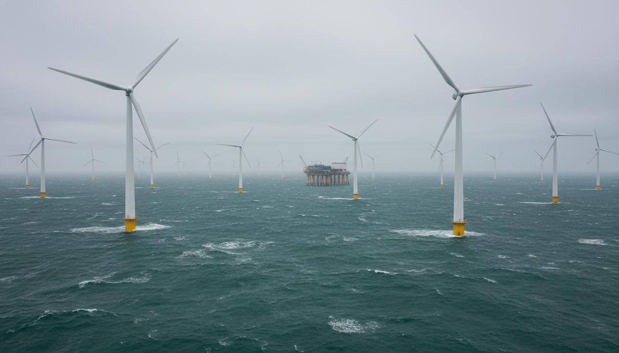 Белые ветряные турбины и трансформаторная подстанция в открытом море под облачным небом.