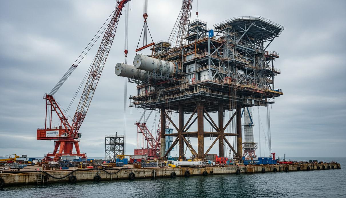 Стальная конструкция морской трансформаторной платформы на этапе строительства в промышленном порту