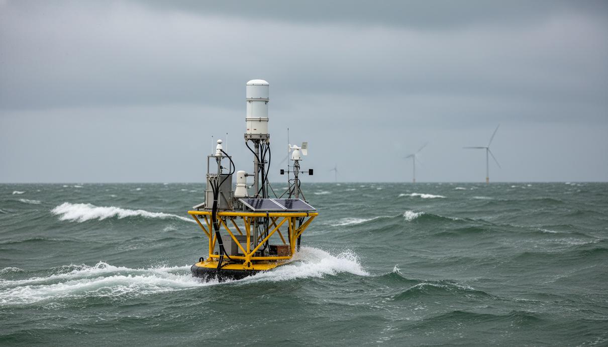 Плавучий измерительный буй желтого цвета с датчиками в море на фоне волн и туманного горизонта