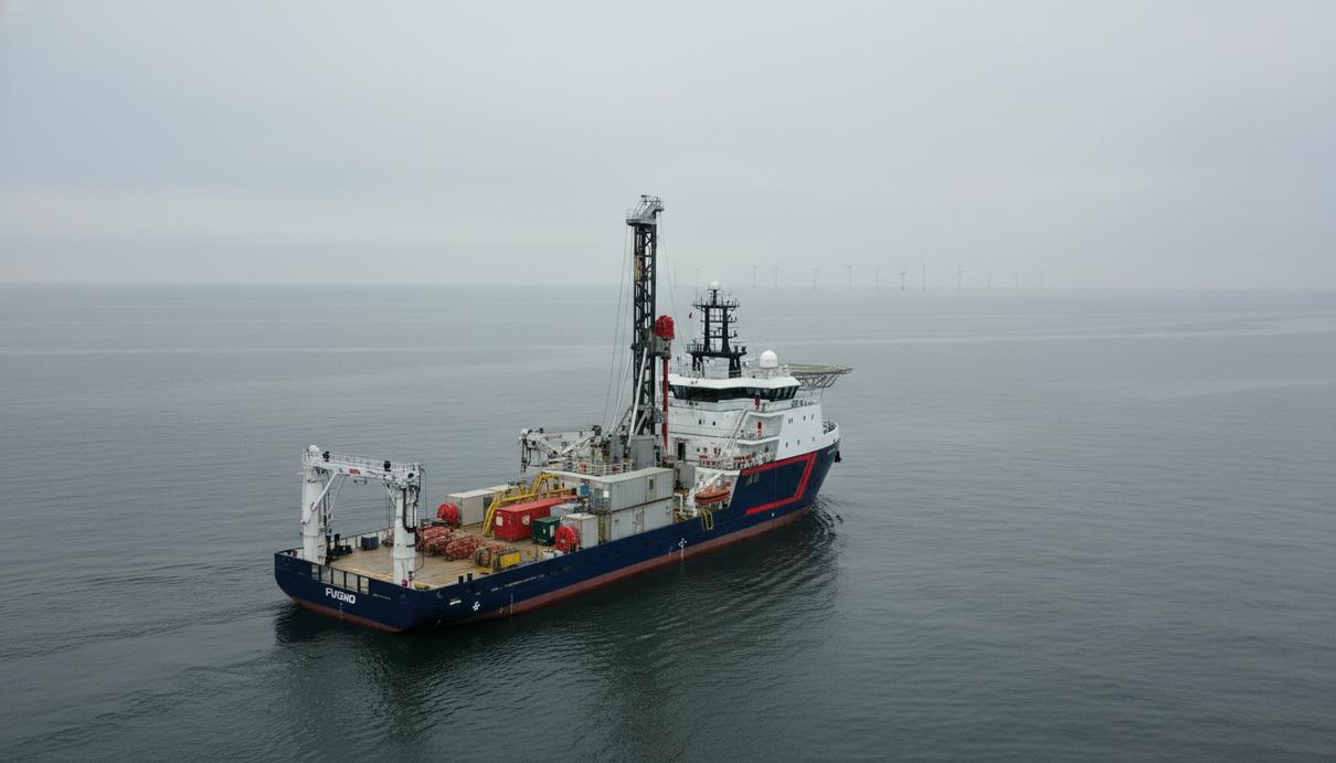 Специализированное исследовательское судно Fugro Synergy с буровым оборудованием в открытом море