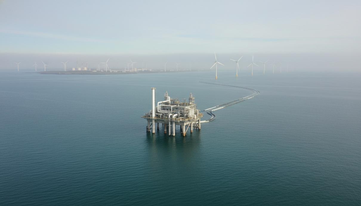 Промышленная морская платформа на фоне ветровых генераторов и береговой линии в туманной дымке