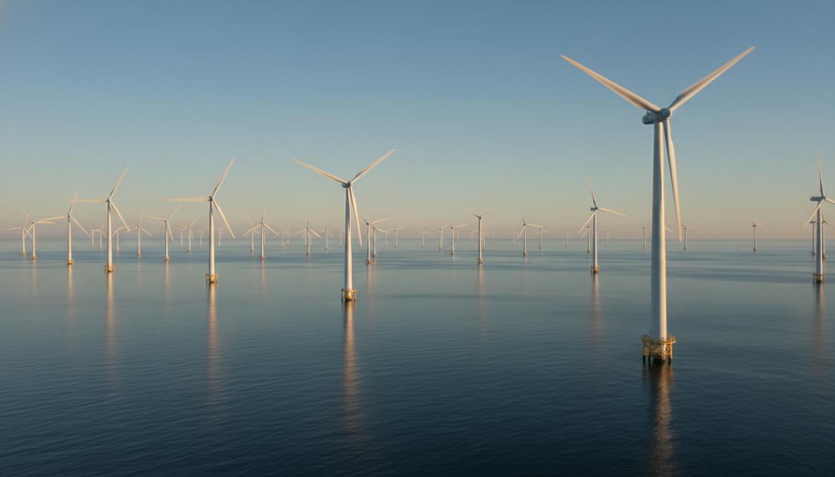 Ряд морских ветрогенераторов в открытом море на фоне ясного неба и спокойной воды