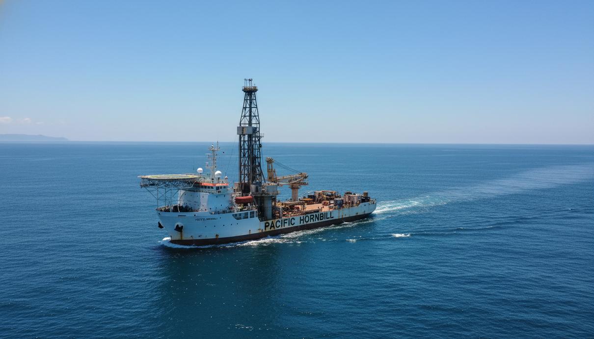 Специализированное морское судно с буровой установкой на палубе проводит работы в открытом море