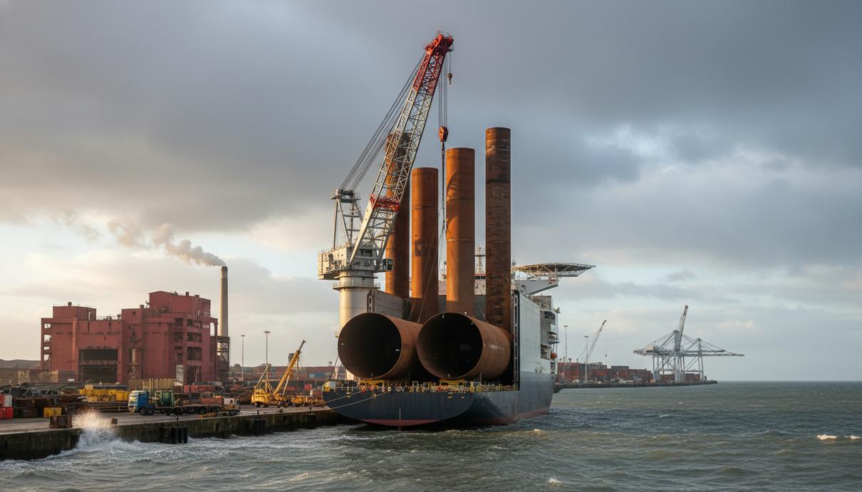 Судно для установки ветрогенераторов Wind Ally в порту во время погрузки стальных фундаментов для ветропарка