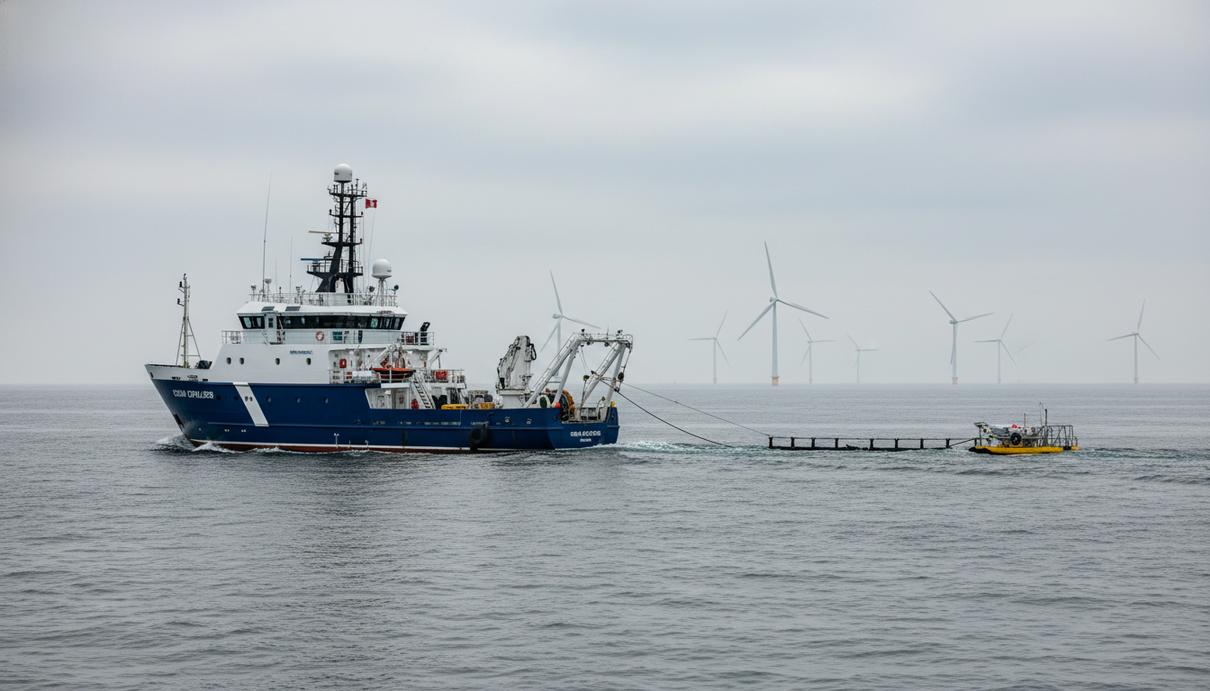 Судно для морских изысканий в Северном море на фоне силуэтов ветряных генераторов вдали
