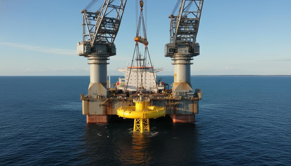 Тяжелое крановое судно устанавливает стальное основание морской ветроэлектростанции в Балтийском море