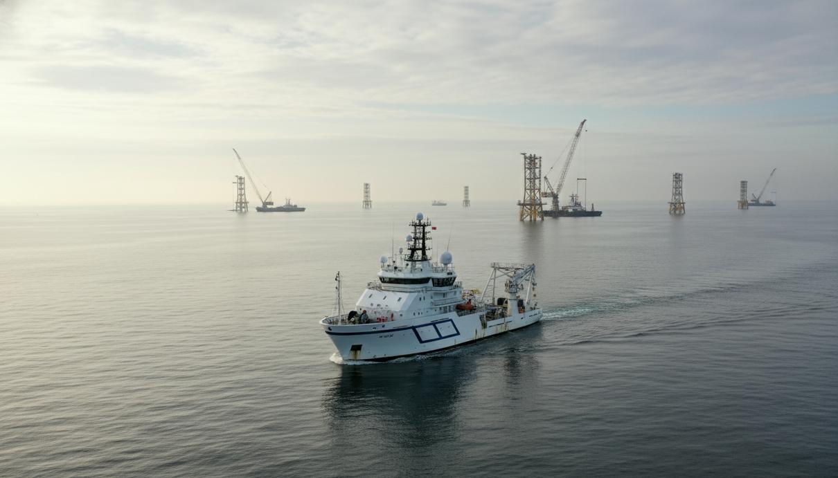 Специализированное морское судно в открытом море на фоне ветрогенераторов на горизонте