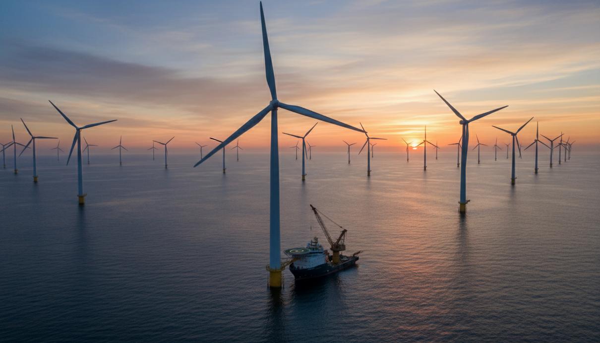 В Нидерландах началась регистрация на форум Offshore Energy Amsterdam 2026 Современная морская ветряная электростанция и специализированное судно в открытом море на закате.