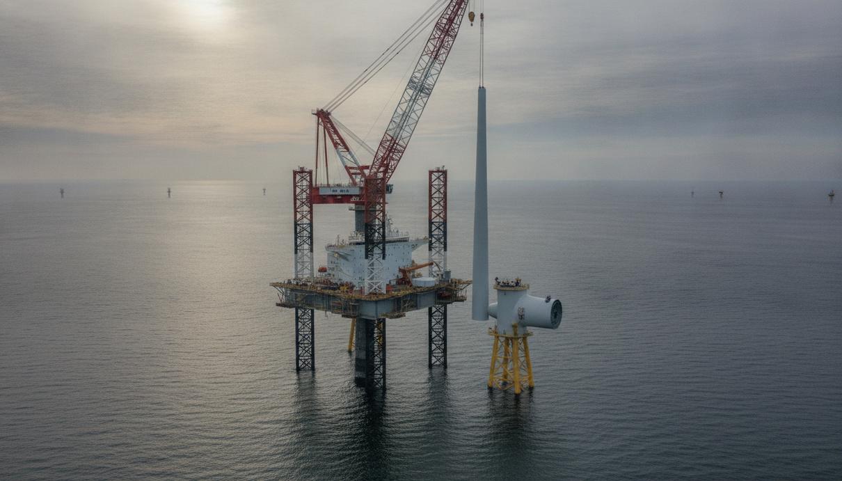 Vestas установила сотую морскую ветротурбину мощностью 15 МВт Монтажное судно с краном устанавливает компоненты гигантской морской ветряной турбины в открытом море.