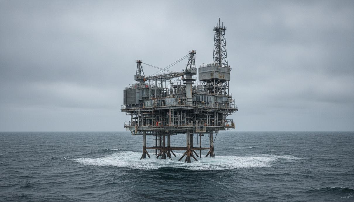 Морская конвертерная платформа для ветропарка в Северном море в пасмурную погоду. Промышленное сооружение в открытом море.