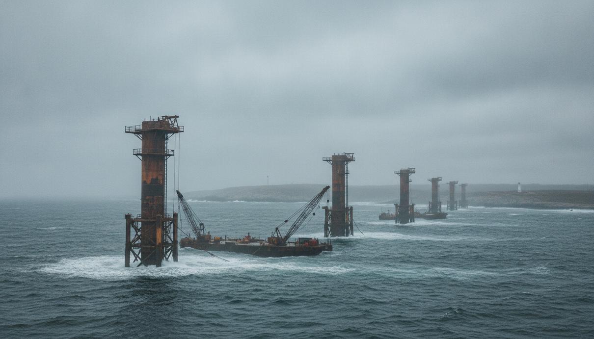 Основания для морских ветрогенераторов в неспокойном сером море у побережья США в пасмурную погоду.
