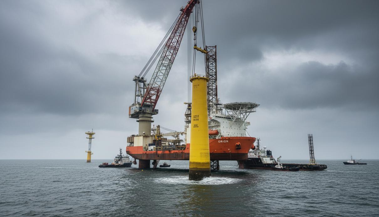 Vattenfall начал строительство ветрокластера Nordlicht в Северном море Огромное монтажное судно устанавливает гигантскую желтую моно-сваю для морской ветряной электростанции в Северном море.