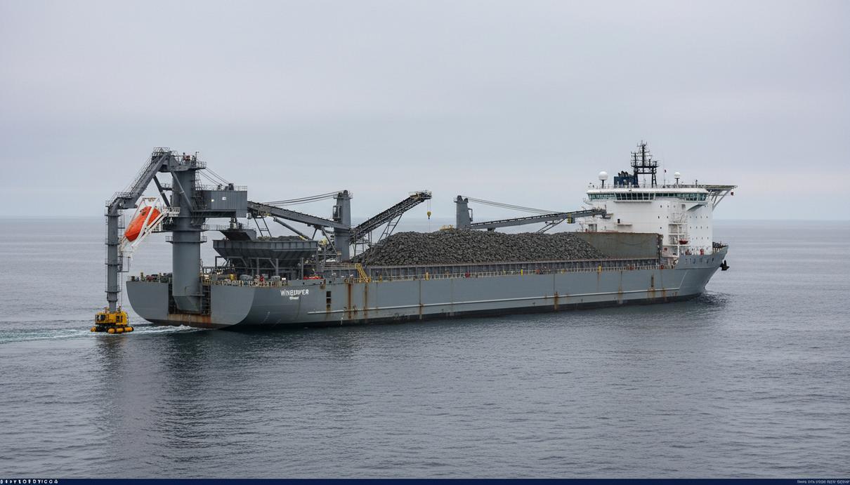 Boskalis ввела в строй крупнейшее в отрасли судно для отсыпки камня Крупное судно для подводной отсыпки камня Windpiper в море. Промышленный корабль с оборудованием для строительных работ.