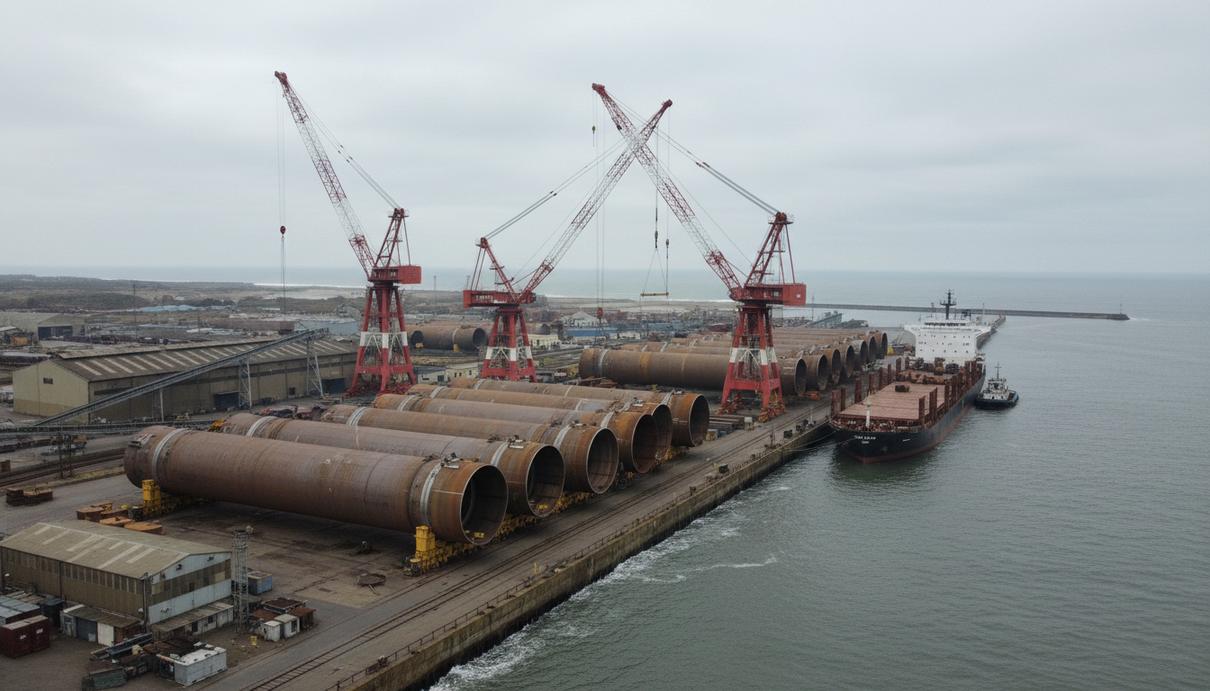 Крупные стальные моноопоры для морских ветрогенераторов на прибрежном заводе-изготовителе рядом с грузовым судном.