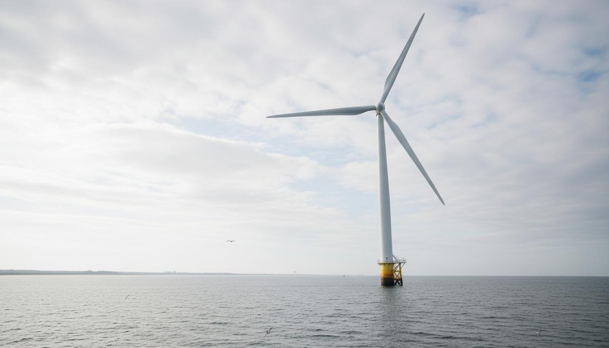 Морская ветряная турбина ВЭС Baltic Power в Балтийском море на фоне побережья Польши в пасмурный день