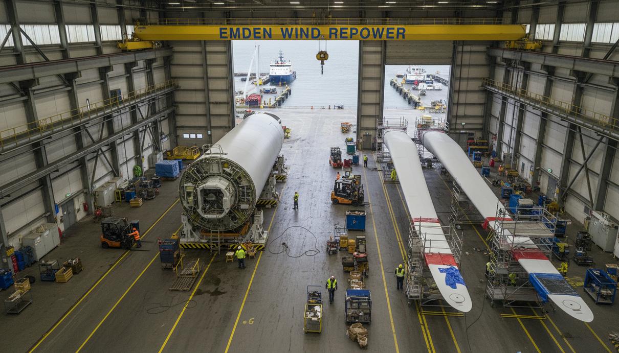 Semco Maritime завершила поглощение Wind Multiplikator сменой бренда Крупные компоненты морской ветряной турбины, такие как гондола и лопасти, в просторном сервисном цеху в порту Эмдена.