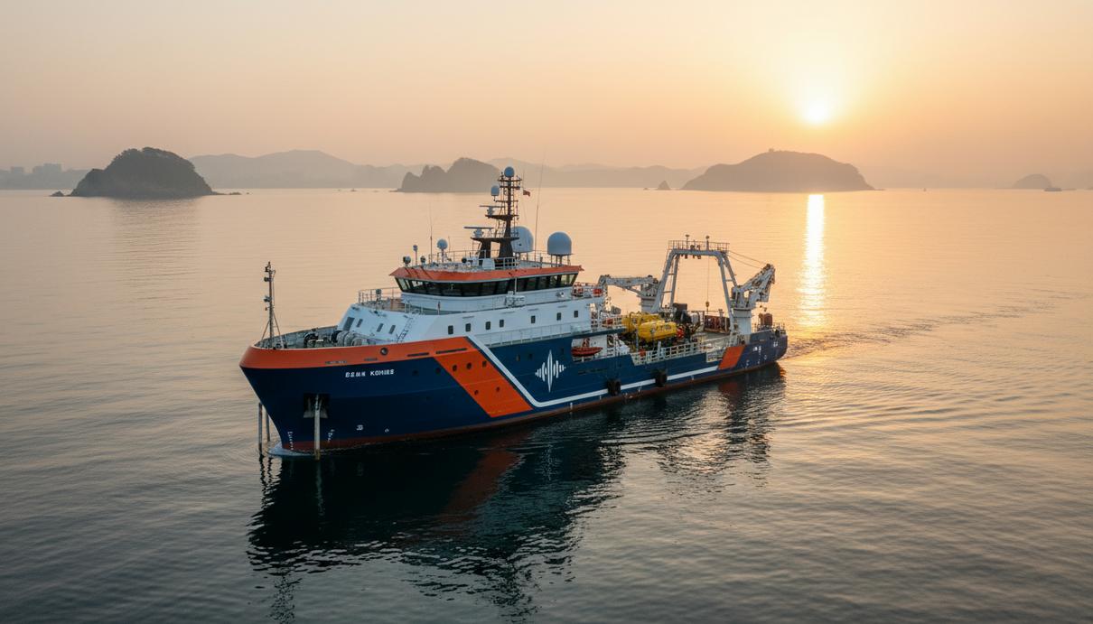 GEOxyz выходит на рынок морских изысканий Южной Кореи с партнёрами Современное судно для морских геофизических изысканий в море у побережья Южной Кореи. На палубе установлено специализированное оборудование.