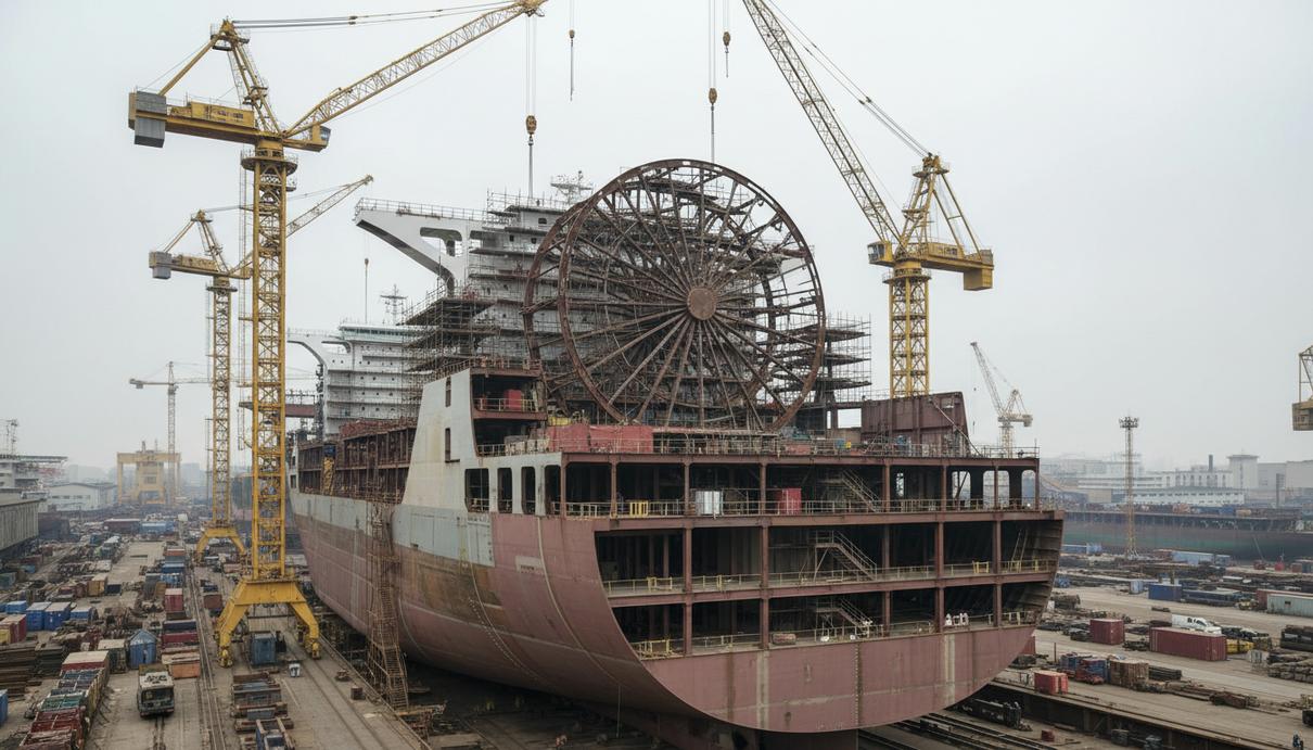 Far East Cable строит судно-кабелеукладчик для морских ветропарков Новое судно-кабелеукладчик на стапеле судостроительной верфи в Шанхае, окруженное строительными кранами и лесами.