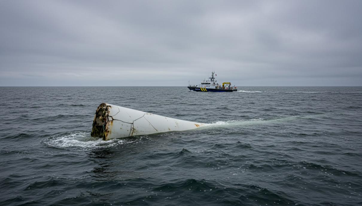 Полиция ФРГ выловила в море обломок лопасти со строящейся ВЭС He Dreiht Крупный обломок белой лопасти ветряной турбины дрейфует в серых водах Северного моря рядом с патрульным судном.