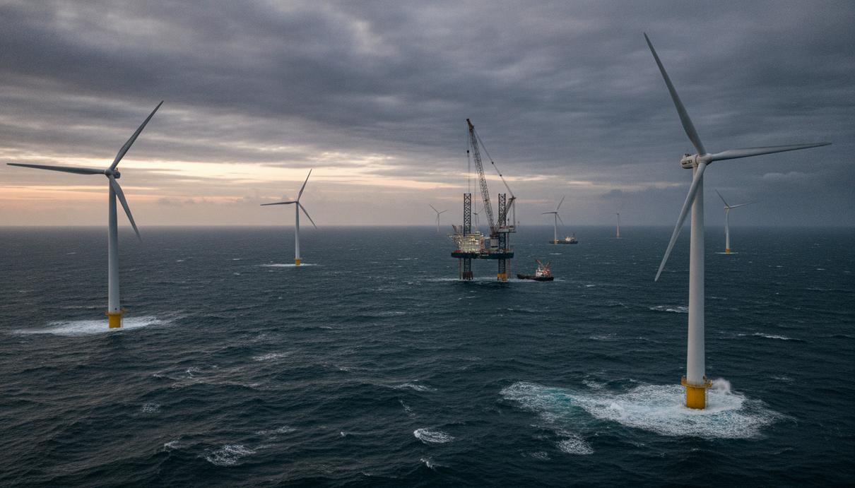 Морская ветроэлектростанция Coastal Virginia Offshore Wind в процессе строительства: установленные ветрогенераторы и монтажное судно в море.