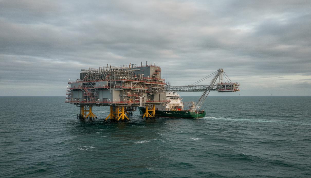 Морская трансформаторная подстанция в Балтийском море и судно обслуживания с переходным мостом для доступа персонала.
