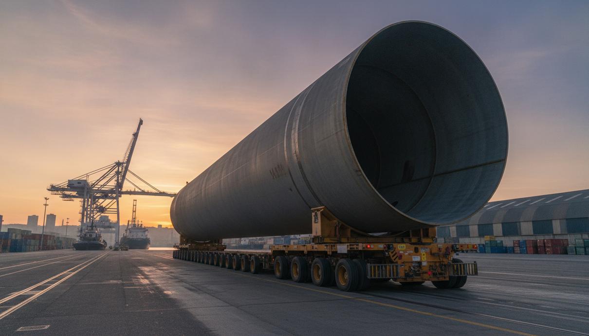 Haizea отгрузила для ВЭС Hornsea 3 крупнейшие моноопоры в Южной Европе Огромная моноопора для морской ветроэлектростанции на самоходном модульном транспортёре в промышленном порту Бильбао.
