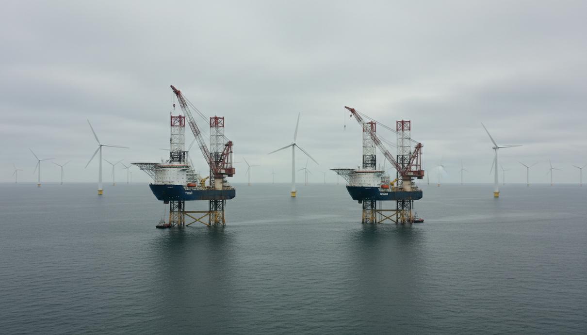 HEA Energy и Semco Maritime заключили альянс на рынке ветроэнергетики Два самоподъёмных судна на морской ветряной электростанции в Северном море на фоне ветрогенераторов.