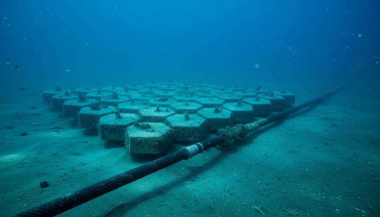 Бетонные маты для защиты подводного силового кабеля на морском дне.