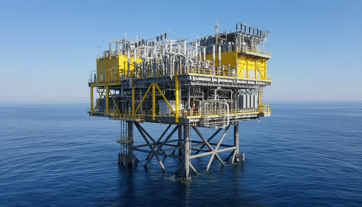 Siemens Energy применила новую технологию офшорных подстанций в Китае Офшорная трансформаторная подстанция на решётчатом основании в открытом море. Жёлто-серое верхнее строение ВЭС «Юэто».