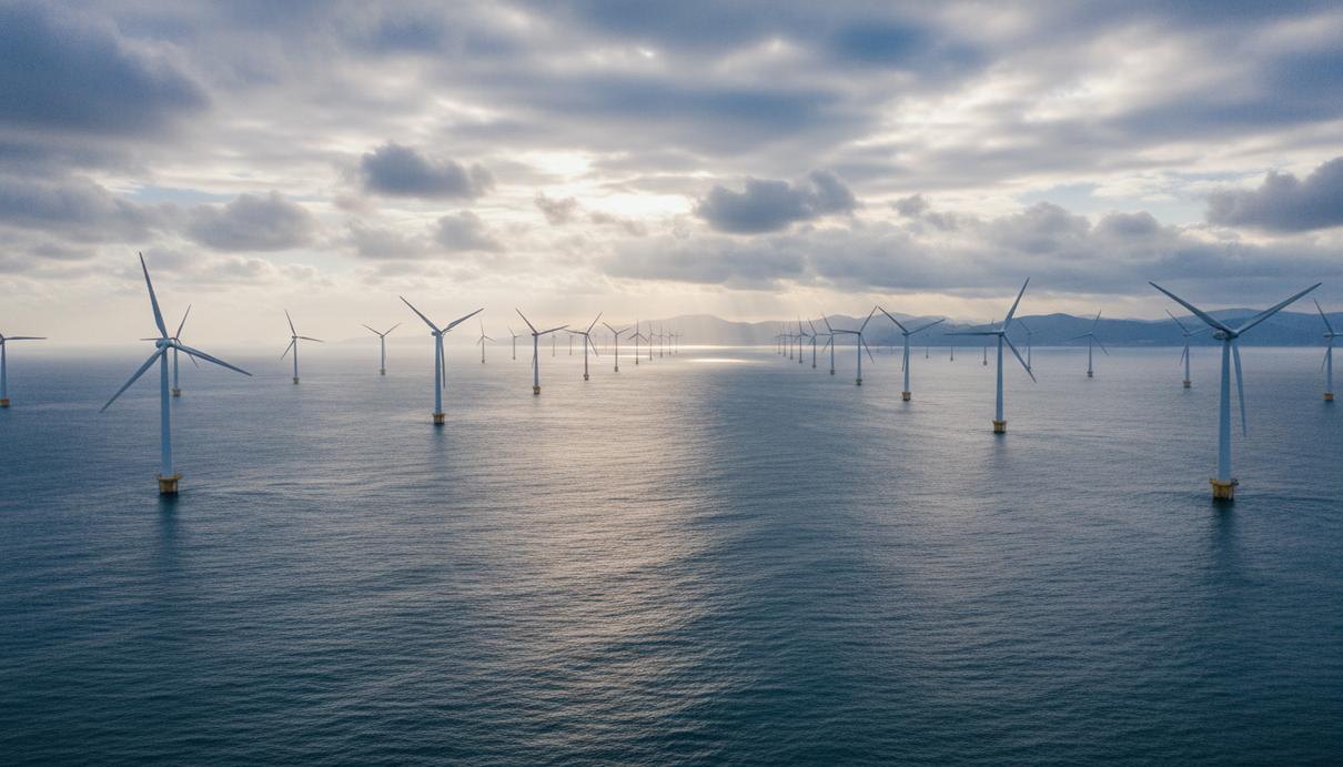 Pacifico Energy Korea построит в Южной Корее ветропарк на 2,13 ГВт Морская ветряная электростанция у побережья Южной Кореи. Ветрогенераторы в море на фоне облачного неба.