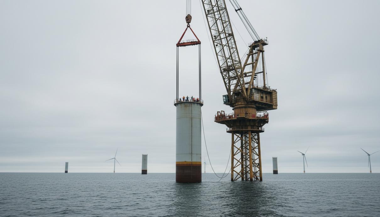 Bilfinger будет вести технадзор на строительстве ВЭС BC-Wind в Польше Монтаж фундамента морской ветряной турбины в Балтийском море при помощи строительного судна с краном в пасмурную погоду.