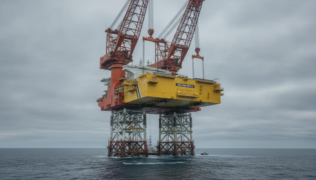Heerema завершила монтаж подстанций на ветропарке Hornsea 3 Полупогружное крановое судно «Sleipnir» монтирует верхнее строение офшорной подстанции на опорное основание в Северном море.