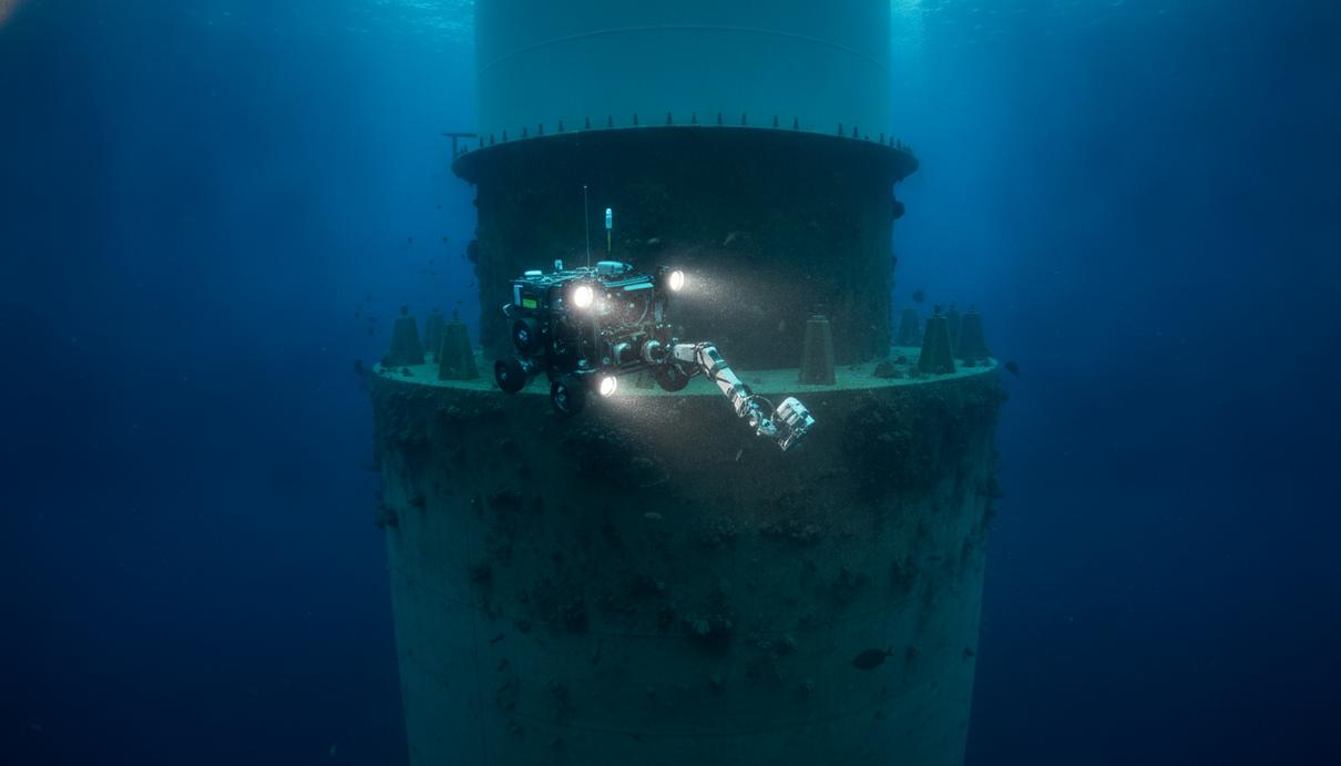 Шведская Njord Survey обследует морские ветропарки RWE в Европе Подводный аппарат с включёнными прожекторами обследует основание морской ветряной турбины под водой.