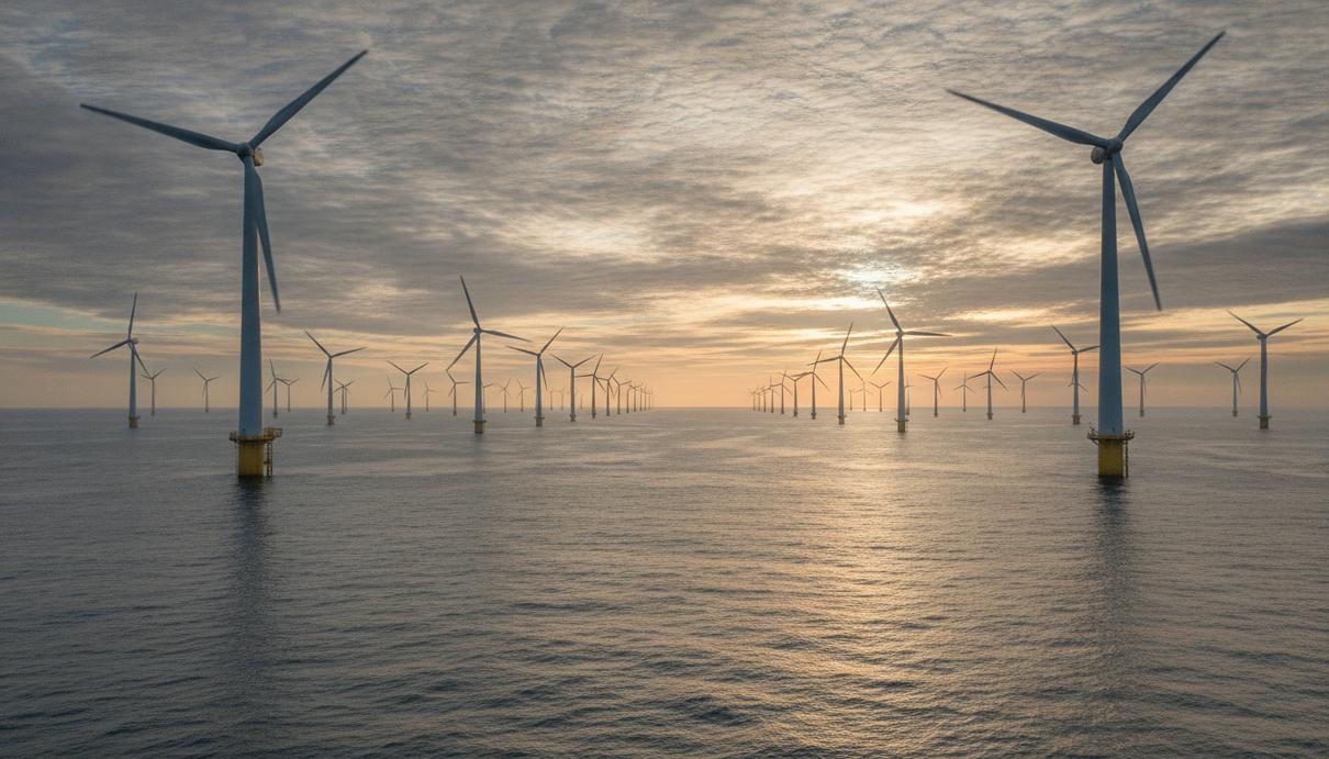 RWE продала долю в британском проекте Five Estuaries компании EDF Офшорная ветроэлектростанция в Северном море. Ряды ветрогенераторов, установленных в воде, на фоне облачного неба.