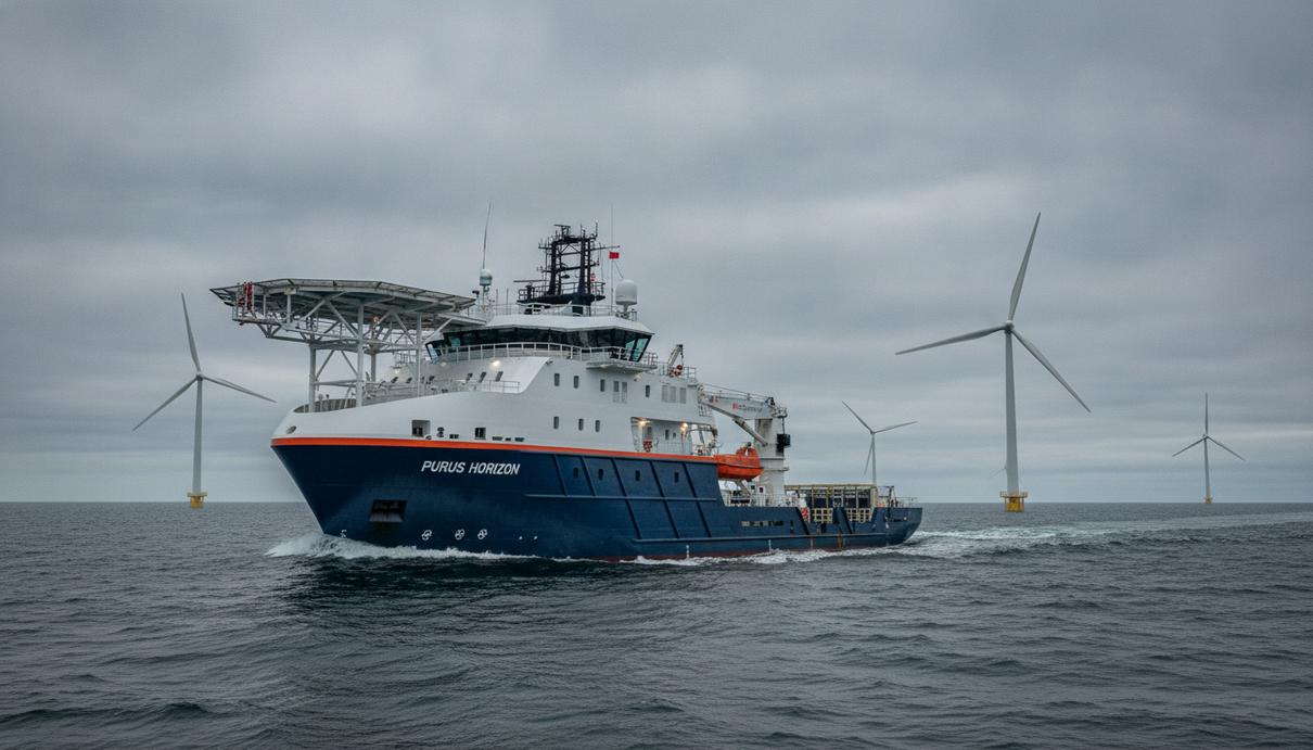 Современное сервисное судно «Purus Horizon» в Северном море на фоне морских ветряных турбин в пасмурную погоду.