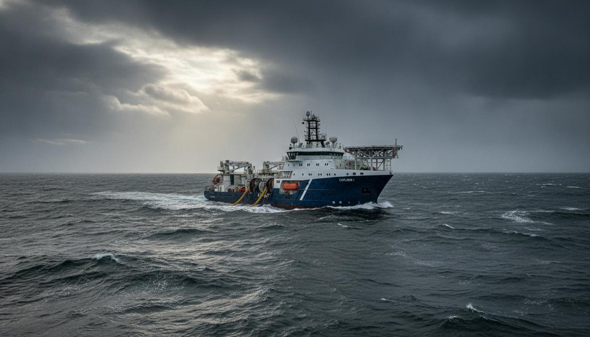 GEOxyz обследует дно для ВЭС East Anglia Two в Северном море Геофизическое изыскательское судно в Северном море на участке будущего морского ветропарка. Пасмурная погода, неспокойное море.