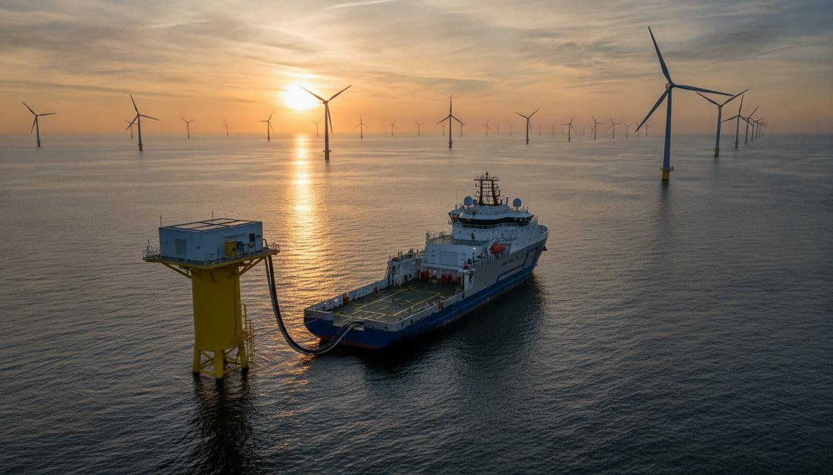 Stillstrom и Semco Maritime выпустят оборудование для зарядки судов в море Морская ветроэлектростанция на рассвете. Сервисное судно подключено зарядным кабелем к энергетическому модулю на моноопоре.