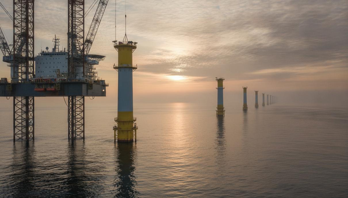 OEG обеспечит временное энергоснабжение при строительстве ВЭС Hornsea 3 Морская ветроэлектростанция Hornsea 3 на этапе строительства в Северном море. Самоподъёмное судно у моно-свайного фундамента с переходным элементом.