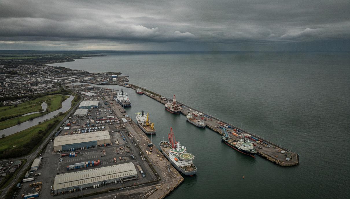 Subsea Micropiles инвестирует £5 млн в производство в порту Монтроз Воздушный вид на порт Монтроз в Шотландии: причалы, промышленные здания и суда снабжения на фоне Северного моря.