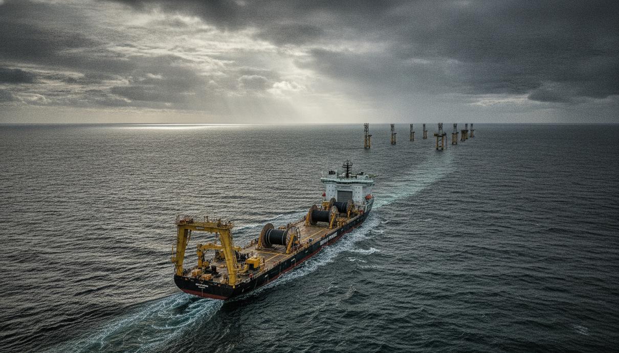 Кабелеукладочное судно Seaway Phoenix в Северном море на фоне строящейся морской ветроэлектростанции Hornsea 3.