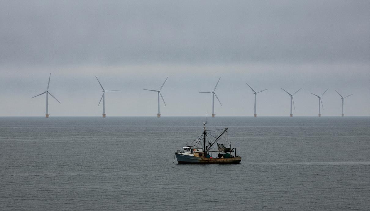 Минюст США потребовал пересмотра разрешения для ветропарка US Wind Морские ветряные турбины на горизонте в Атлантическом океане у побережья Мэриленда. На переднем плане в воде небольшое рыболовецкое судно.