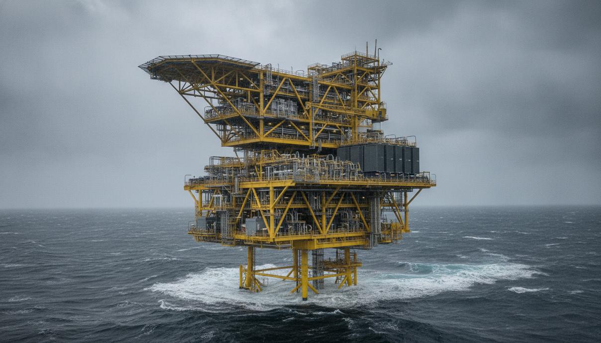 Морская преобразовательная подстанция для ветроэлектростанции Hornsea 3 в Северном море. Промышленная платформа с оборудованием.