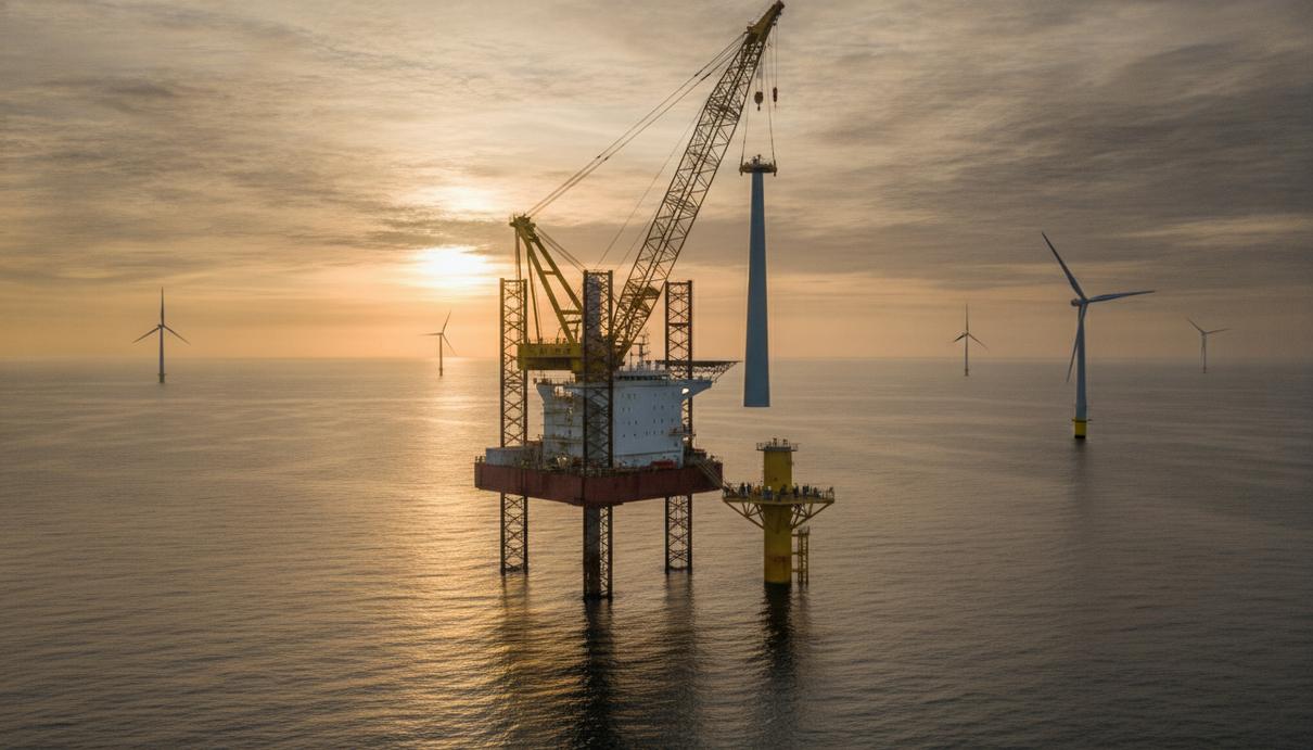 Морская ветроэлектростанция в Северном море на рассвете. Монтажное судно с краном устанавливает ветротурбину на фундамент.